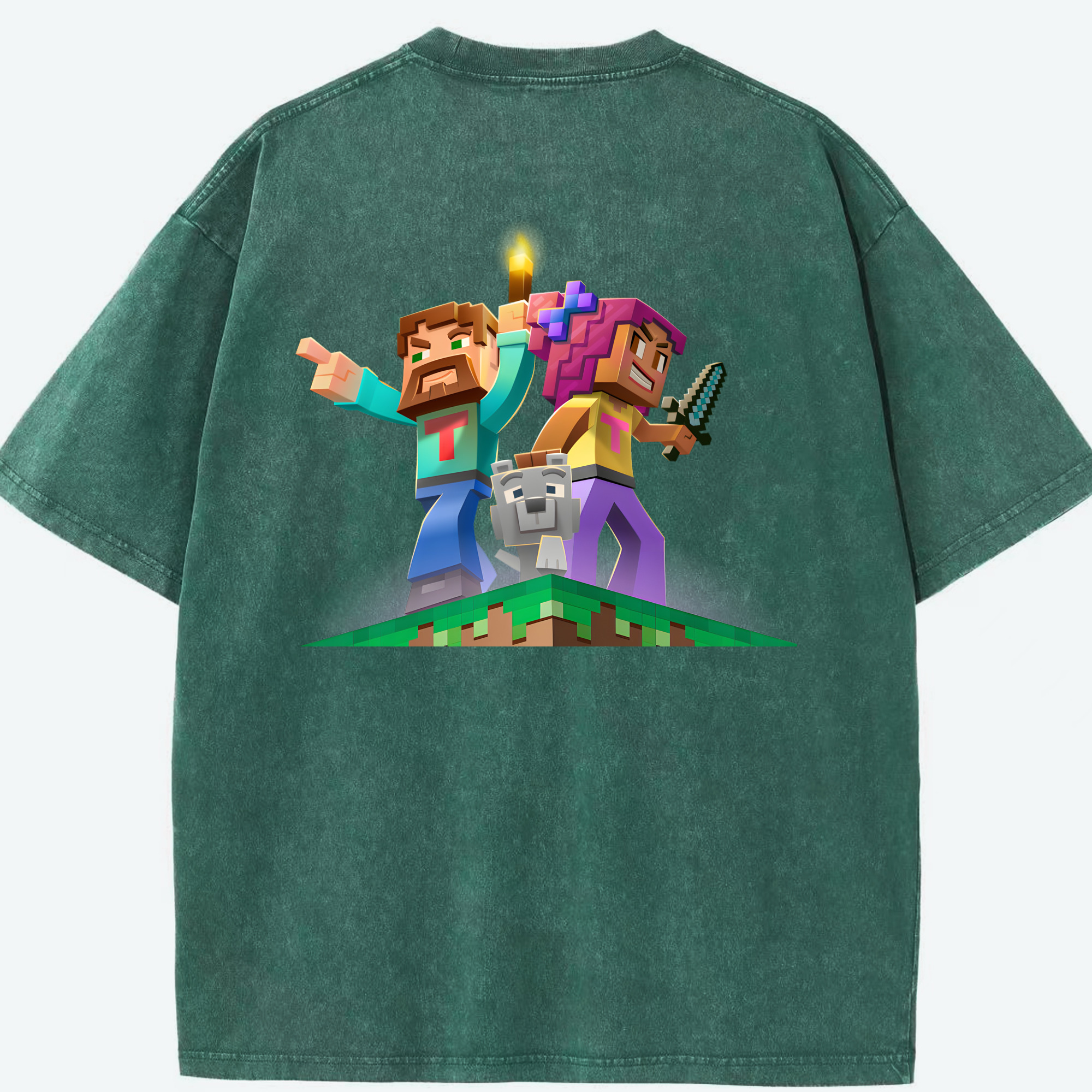 （画像用） マインクラフト ブロックの世界 Minecraft MC Block world 綿100% ヴィンテージ風 半袖Tシャツ（背面プリント）